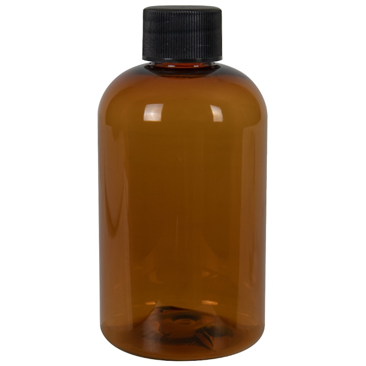 4 oz. Cobalt Blue PET Squat Boston Round Bottle with 20/410 Black Ribbed Cap with F217 Liner