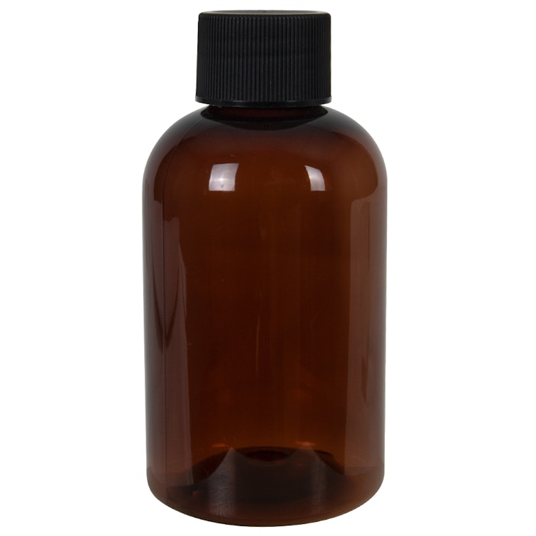 4 oz. Light Amber PET Squat Boston Round Bottle with 24/410 Black Ribbed Cap with F217 Liner