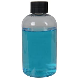 6 oz. Clear PET Squat Boston Round Bottle with 24/410 Black Ribbed Cap with F217 Liner