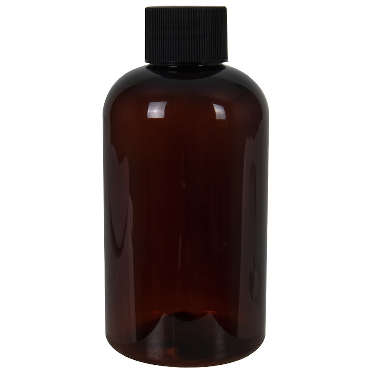 6 oz. Light Amber PET Squat Boston Round Bottle with 24/410 Black Ribbed Cap with F217 Liner