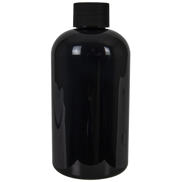 8 oz. Black PET Squat Boston Round Bottle with 24/410 Black Ribbed Cap with F217 Liner