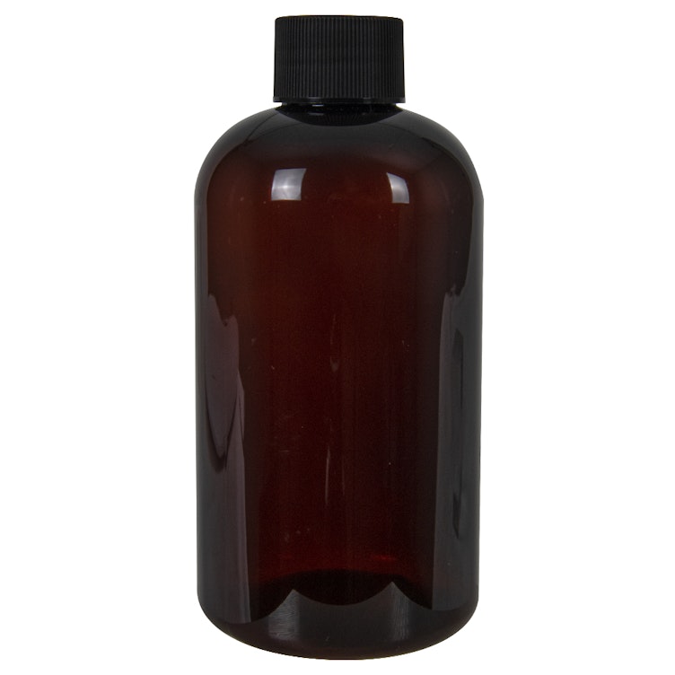 8 oz. Light Amber PET Squat Boston Round Bottle with 24/410 Black Ribbed Cap with F217 Liner