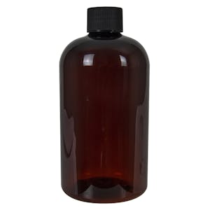 12 oz. Light Amber PET Squat Boston Round Bottle with 24/410 Black Ribbed Cap with F217 Liner