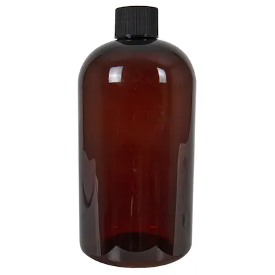 16 oz. Light Amber PET Squat Boston Round Bottle with 24/410 Black Ribbed Cap with F217 Liner