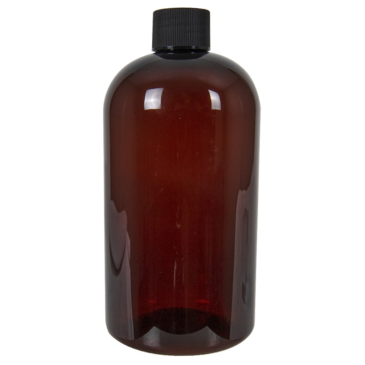 16 oz. Light Amber PET Squat Boston Round Bottle with 24/410 Black Ribbed Cap with F217 Liner