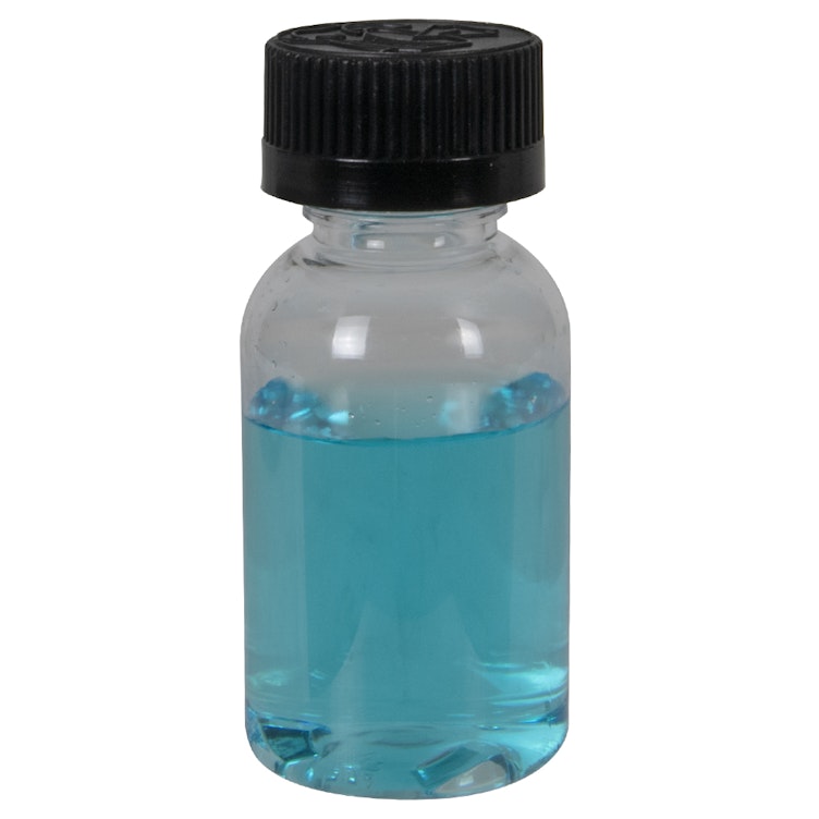 1 oz. Clear PET Squat Boston Round Bottle with 20/410 Black Ribbed CRC Cap with F217 Liner