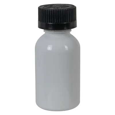 1 oz. White PET Squat Boston Round Bottle with 20/410 Black Ribbed Child-Resistant Cap (CRC) with F217 Liner