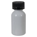 1 oz. White PET Squat Boston Round Bottle with 20/410 Black Ribbed CRC Cap with F217 Liner