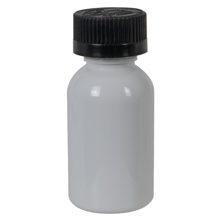 1 oz. White PET Squat Boston Round Bottle with 20/410 Black Ribbed CRC Cap with F217 Liner