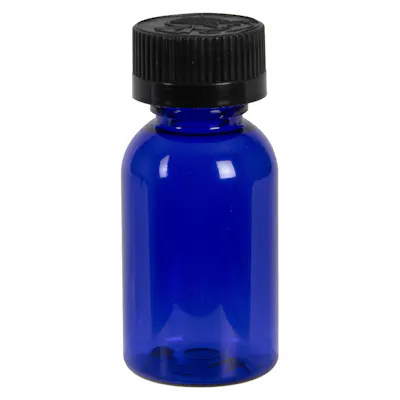 1 oz. Cobalt Blue PET Squat Boston Round Bottle with 20/410 Black Ribbed Child-Resistant Cap (CRC) with F217 Liner