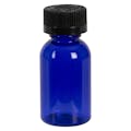 1 oz. Cobalt Blue PET Squat Boston Round Bottle with 20/410 Black Ribbed CRC Cap with F217 Liner