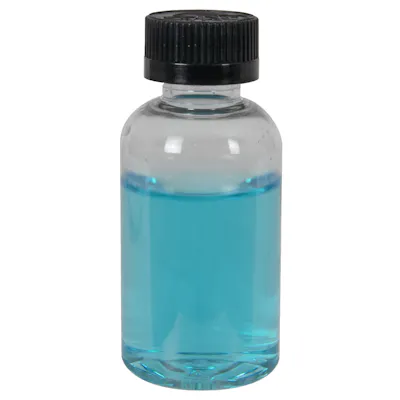 2 oz. Clear PET Squat Boston Round Bottle with 20/410 Black Ribbed Child-Resistant Cap (CRC) with F217 Liner