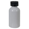 2 oz. White PET Squat Boston Round Bottle with 20/410 Black Ribbed CRC Cap with F217 Liner