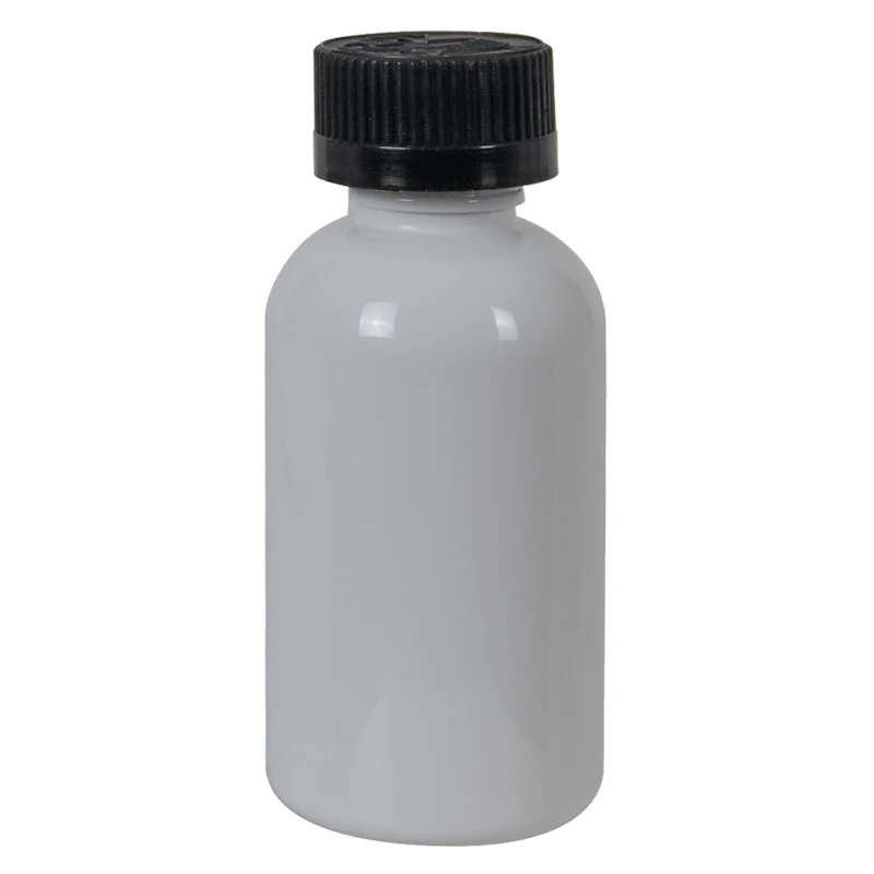 2 oz. White PET Squat Boston Round Bottle with 20/410 Black Ribbed Child-Resistant Cap (CRC) with F217 Liner