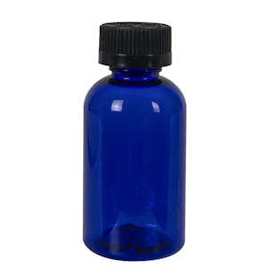 2 oz. Cobalt Blue PET Squat Boston Round Bottle with 20/410 Black Ribbed CRC Cap with F217 Liner