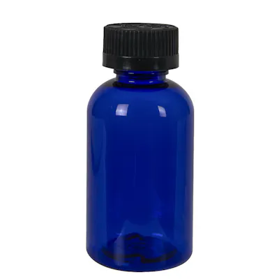2 oz. Cobalt Blue PET Squat Boston Round Bottle with 20/410 Black Ribbed Child-Resistant Cap (CRC) with F217 Liner