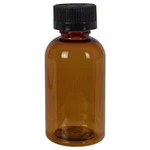 2 oz. Clarified Amber PET Squat Boston Round Bottle with 20/410 Black Ribbed CRC Cap with F217 Liner