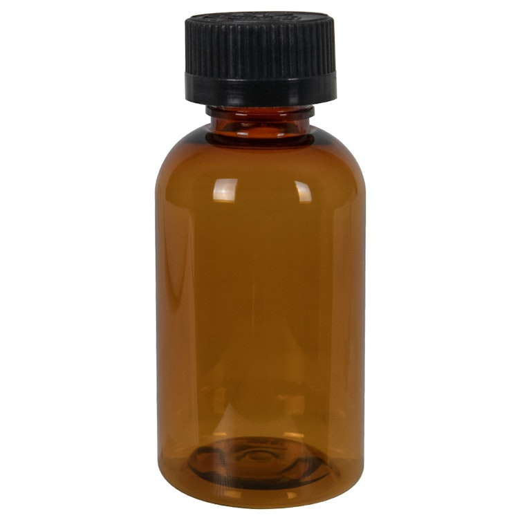 2 oz. Clarified Amber PET Squat Boston Round Bottle with 20/410 Black Ribbed CRC Cap with F217 Liner