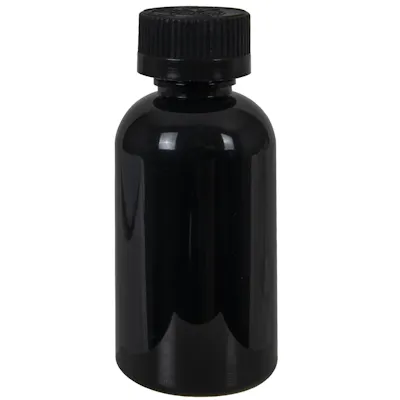 2 oz. Black PET Squat Boston Round Bottle with 20/410 Black Ribbed Child-Resistant Cap (CRC) with F217 Liner