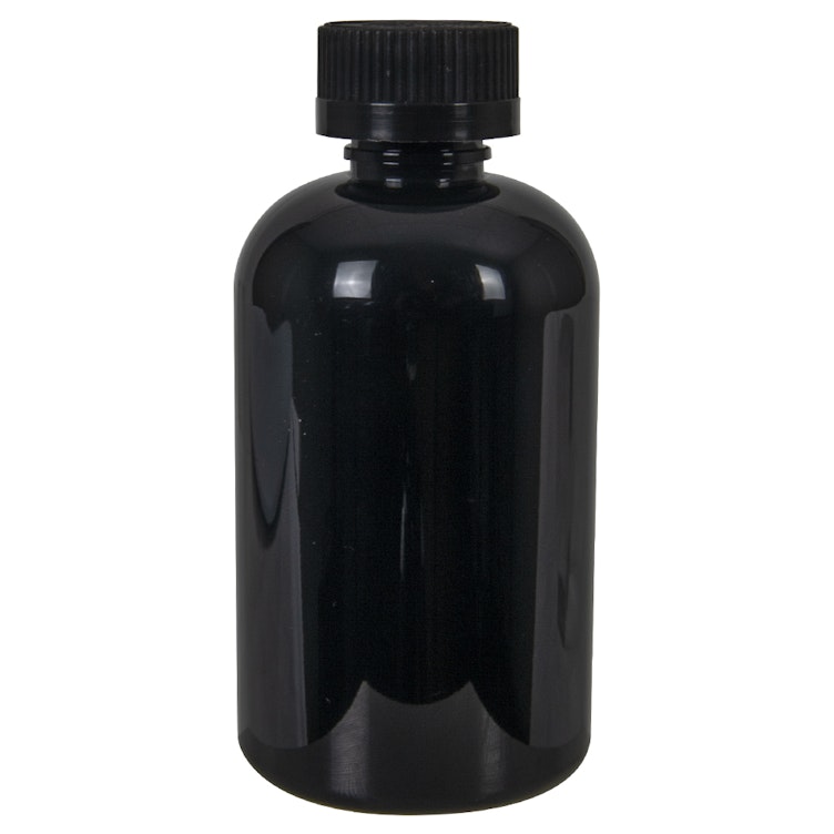 4 oz. Black PET Squat Boston Round Bottle with 20/410 Black Ribbed CRC Cap with F217 Liner