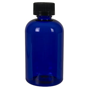 4 oz. Cobalt Blue PET Squat Boston Round Bottle with 20/410 Black Ribbed CRC Cap with F217 Liner