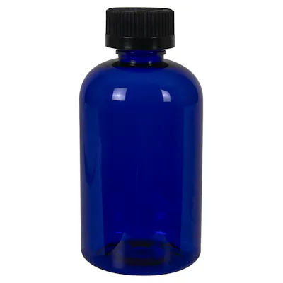 4 oz. Cobalt Blue PET Squat Boston Round Bottle with 20/410 Black Ribbed Child-Resistant Cap (CRC) with F217 Liner