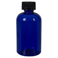 4 oz. Cobalt Blue PET Squat Boston Round Bottle with 20/410 Black Ribbed CRC Cap with F217 Liner