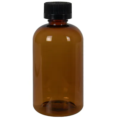 4 oz. Clarified Amber PET Squat Boston Round Bottle with 20/410 Black Ribbed Child-Resistant Cap (CRC) with F217 Liner