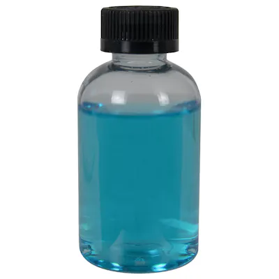 4 oz. Clear PET Squat Boston Round Bottle with 24/410 Black Ribbed Child-Resistant Cap (CRC) with F217 Liner