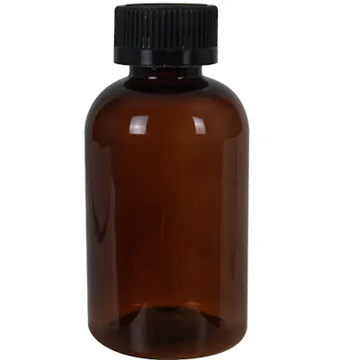 4 oz. Light Amber PET Squat Boston Round Bottle with 24/410 Black Ribbed Child-Resistant Cap (CRC) with F217 Liner