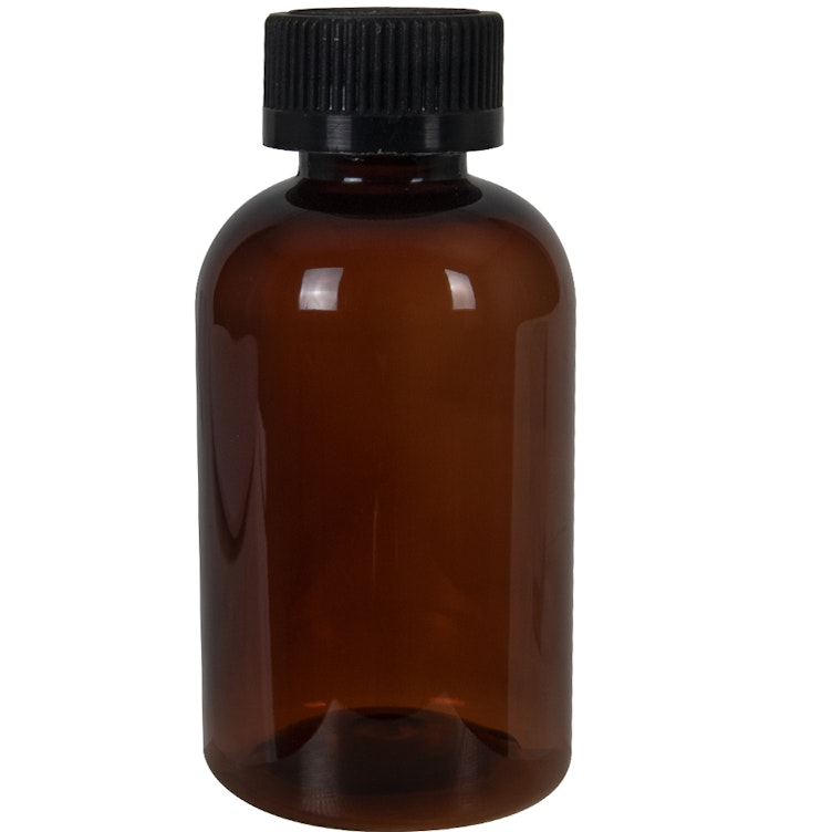 4 oz. Light Amber PET Squat Boston Round Bottle with 24/410 Black Ribbed CRC Cap with F217 Liner