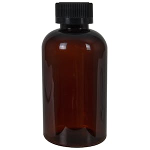 6 oz. Light Amber PET Squat Boston Round Bottle with 24/410 Black Ribbed CRC Cap with F217 Liner