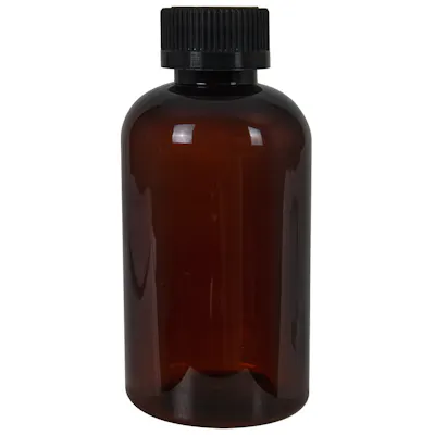 6 oz. Light Amber PET Squat Boston Round Bottle with 24/410 Black Ribbed Child-Resistant Cap (CRC) with F217 Liner