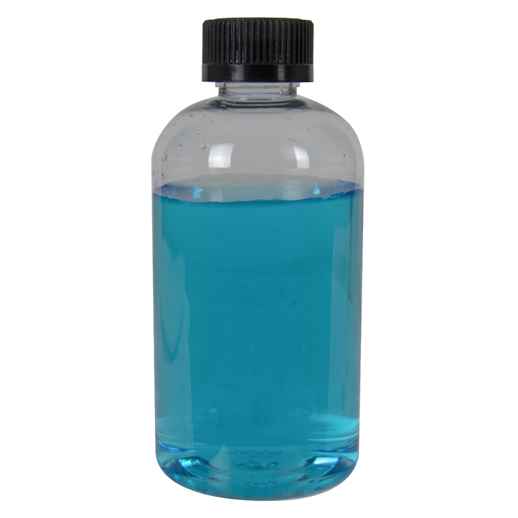 8 oz. Clear PET Squat Boston Round Bottle with 24/410 Black Ribbed CRC Cap with F217 Liner