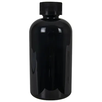 8 oz. Black PET Squat Boston Round Bottle with 24/410 Black Ribbed Child-Resistant Cap (CRC) with F217 Liner
