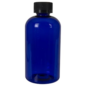 8 oz. Cobalt Blue PET Squat Boston Round Bottle with 24/410 Black Ribbed CRC Cap with F217 Liner