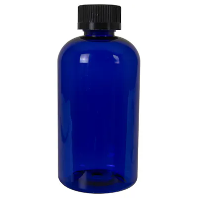 8 oz. Cobalt Blue PET Squat Boston Round Bottle with 24/410 Black Ribbed Child-Resistant Cap (CRC) with F217 Liner