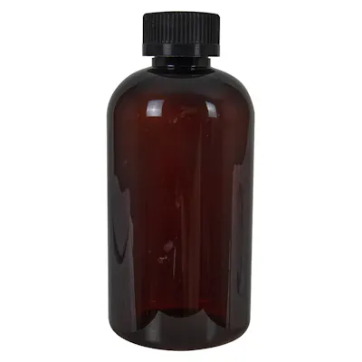 8 oz. Light Amber PET Squat Boston Round Bottle with 24/410 Black Ribbed Child-Resistant Cap (CRC) with F217 Liner