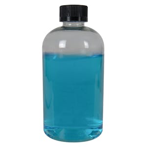 12 oz. Clear PET Squat Boston Round Bottle with 24/410 Black Ribbed CRC Cap with F217 Liner