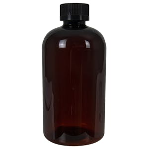 12 oz. Light Amber PET Squat Boston Round Bottle with 24/410 Black Ribbed CRC Cap with F217 Liner