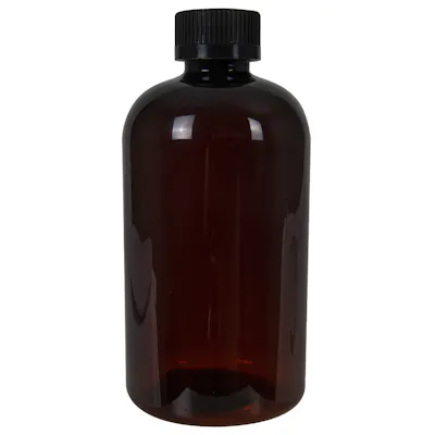 12 oz. Light Amber PET Squat Boston Round Bottle with 24/410 Black Ribbed Child-Resistant Cap (CRC) with F217 Liner