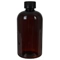 12 oz. Light Amber PET Squat Boston Round Bottle with 24/410 Black Ribbed CRC Cap with F217 Liner