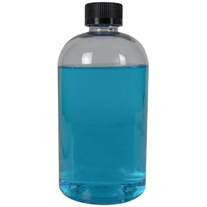 16 oz. Clear PET Squat Boston Round Bottle with 24/410 Black Ribbed CRC Cap with F217 Liner