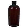 16 oz. Light Amber PET Squat Boston Round Bottle with 24/410 Black Ribbed CRC Cap with F217 Liner
