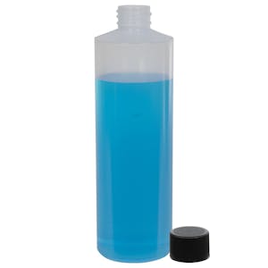 8 oz. Natural LDPE Cylindrical Bottle with 24/410 Black Ribbed Cap with F217 Liner