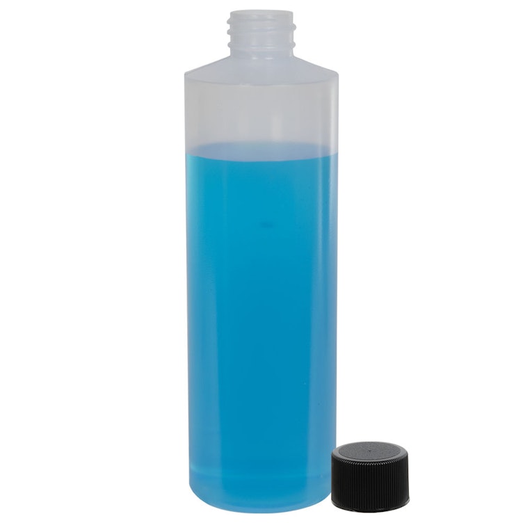 8 oz. Natural LDPE Cylindrical Bottle with 24/410 Black Ribbed Cap with F217 Liner