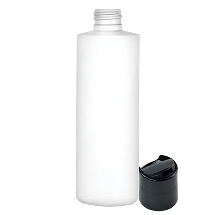 8 oz. White LDPE Cylindrical Bottle with 24/410 Black Disc-Top Dispensing Cap
