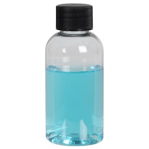 2 oz. Clear PET Traditional Boston Round Bottle with 20/410 Black Ribbed Cap with F217 Liner