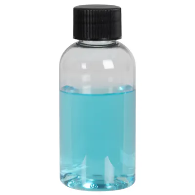 2 oz. Clear PET Traditional Boston Round Bottle with 20/410 Black Ribbed Cap with F217 Liner