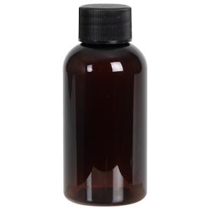 2 oz. Light Amber PET Traditional Boston Round Bottle with 20/410 Black Ribbed Cap with F217 Liner